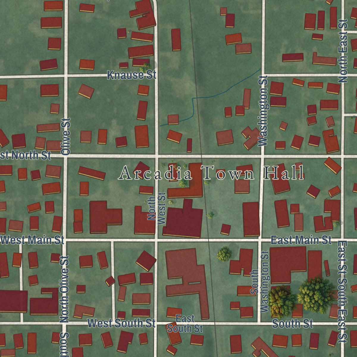 Close-up of the map of Arcadia, Indiana print showing street and building detail