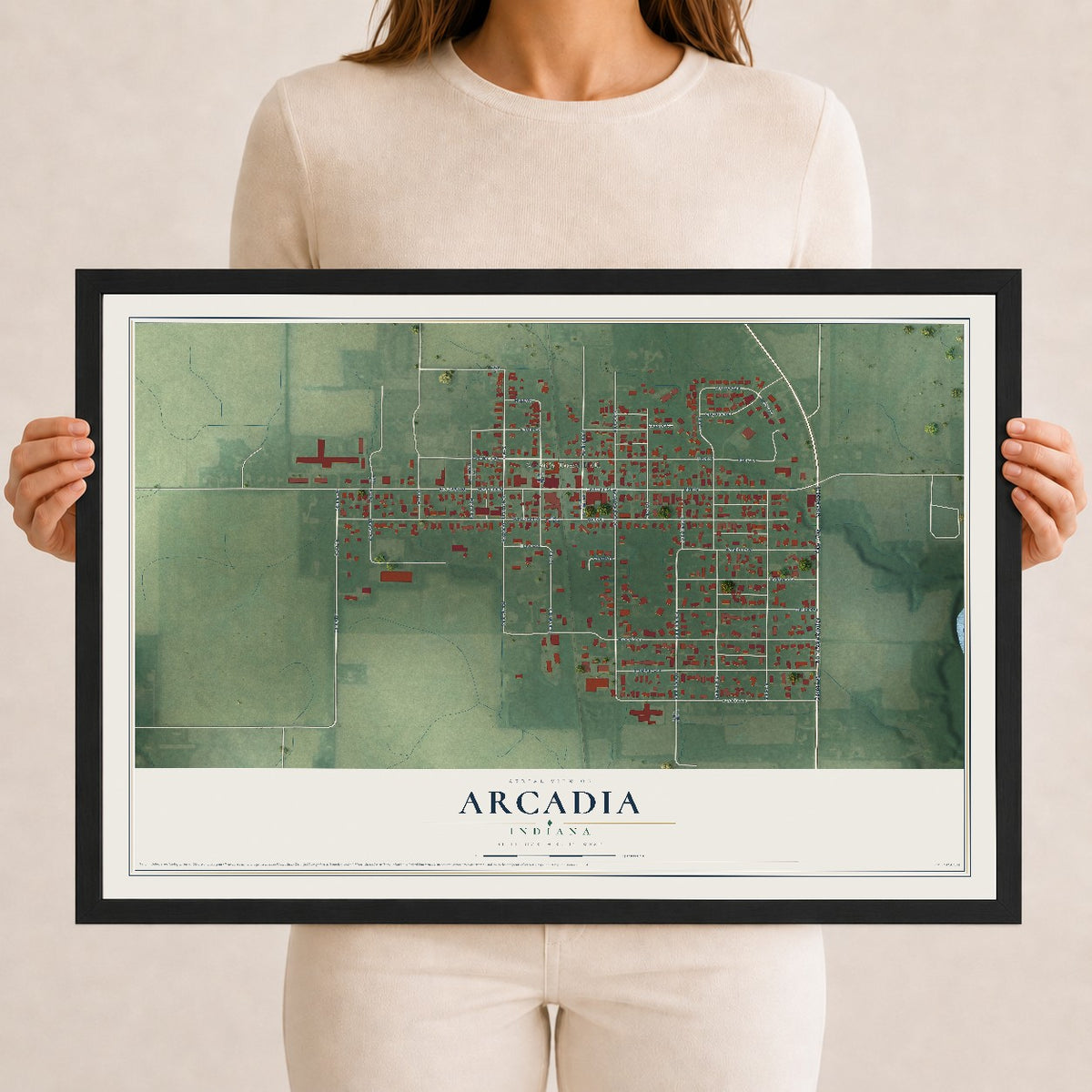 Map of Arcadia, Indiana, 12 x 18 inch print in a black wood frame