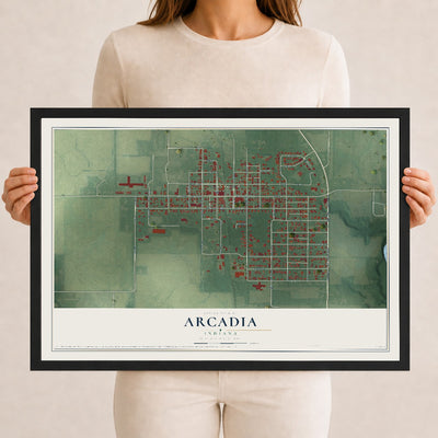 Map of Arcadia, Indiana, 12 x 18 inch print in a black wood frame