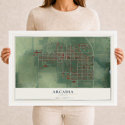 Map of Arcadia, Indiana, 12 x 18 inch print in a white wood frame