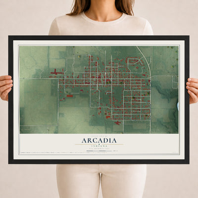 Map of Arcadia, Indiana, 18 x 24 inch print in a black wood frame