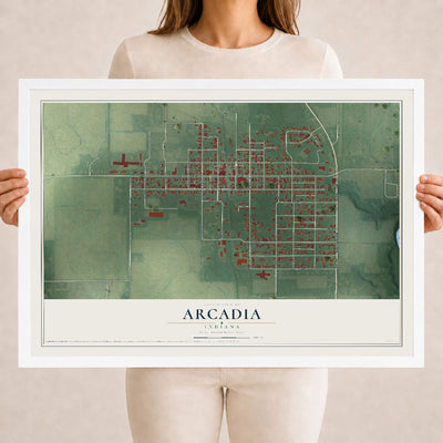 Map of Arcadia, Indiana, 18 x 24 inch print in a white wood frame