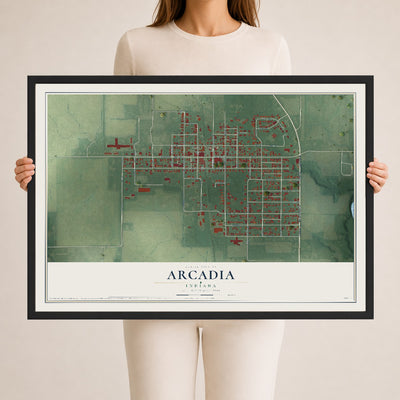 Map of Arcadia, Indiana, 24 x 36 inch print in a black wood frame