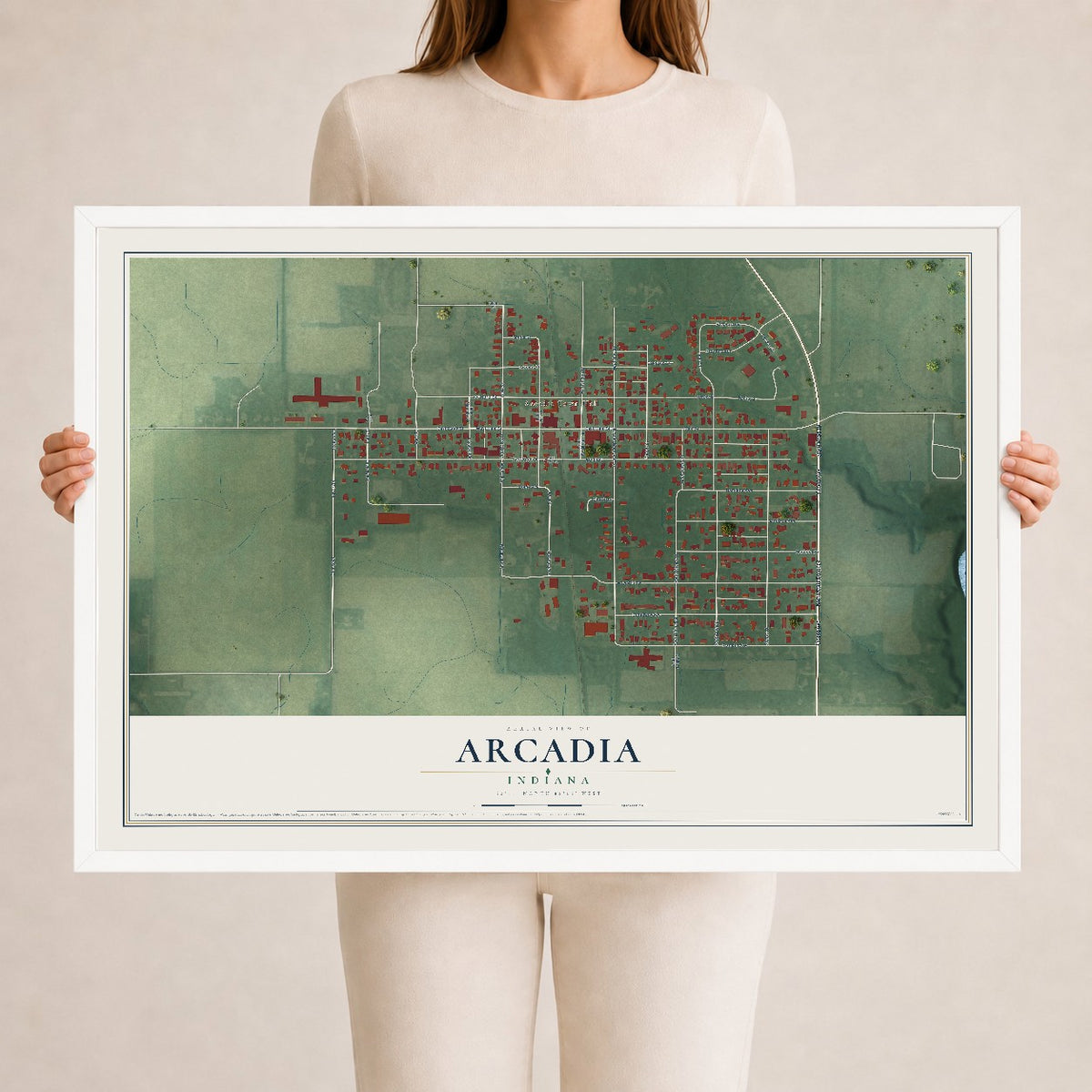 Map of Arcadia, Indiana, 24 x 36 inch print in a white wood frame