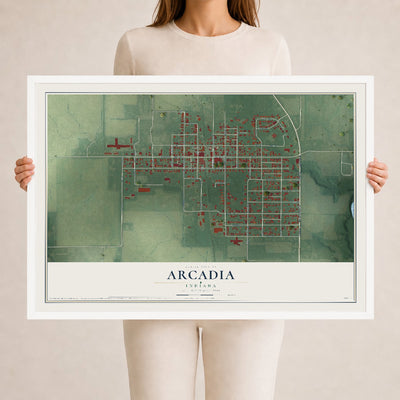 Map of Arcadia, Indiana, 24 x 36 inch print in a white wood frame