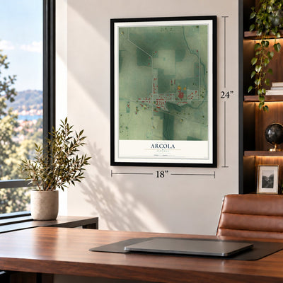 Arcola, Indiana map, 18 x 24 inch print in a black frame in a home office