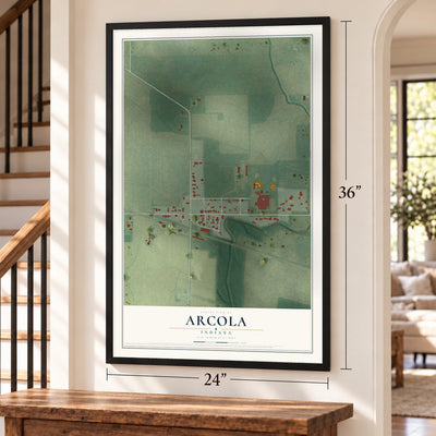 Arcola, Indiana map, 24 x 36 inch print in a black frame by a staircase