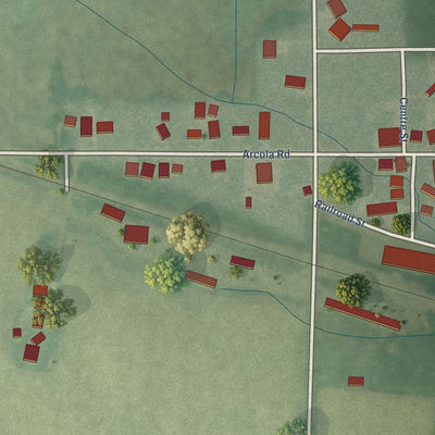 Close-up of the map of Arcola, Indiana print showing street and building detail