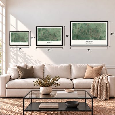 Ardmore, Indiana map in 12 x 18, 18 x 24 and 24 x 36 inch sizes above a sofa