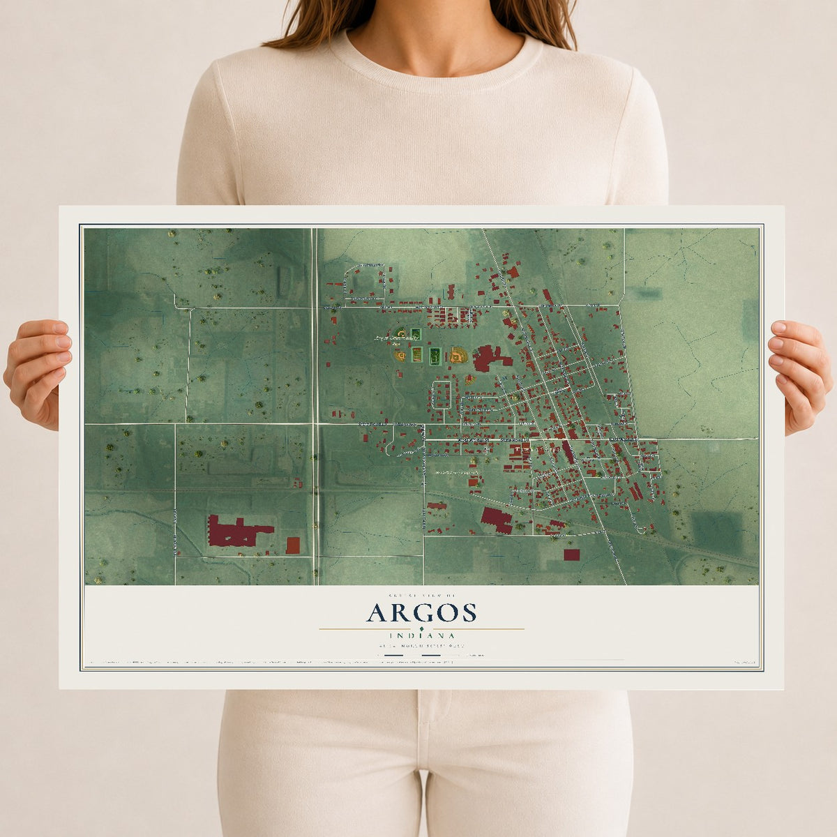 Map of Argos, Indiana, 12 x 18 inch unframed archival matte print