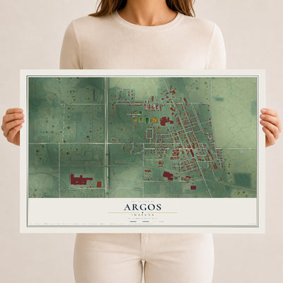 Map of Argos, Indiana, 12 x 18 inch unframed archival matte print