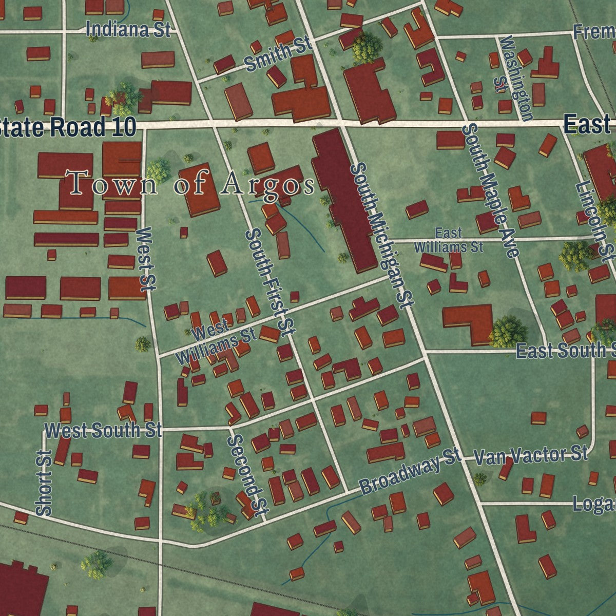 Close-up of the map of Argos, Indiana print showing street and building detail