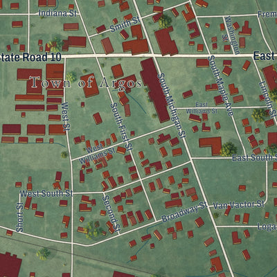 Close-up of the map of Argos, Indiana print showing street and building detail