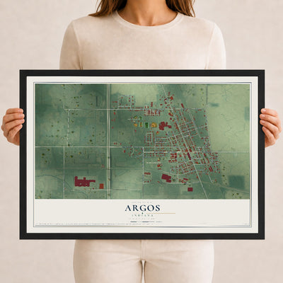 Map of Argos, Indiana, 12 x 18 inch print in a black wood frame