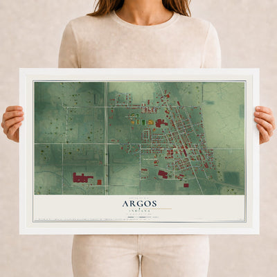 Map of Argos, Indiana, 12 x 18 inch print in a white wood frame