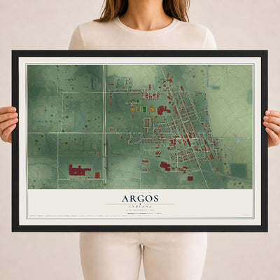 Map of Argos, Indiana, 18 x 24 inch print in a black wood frame