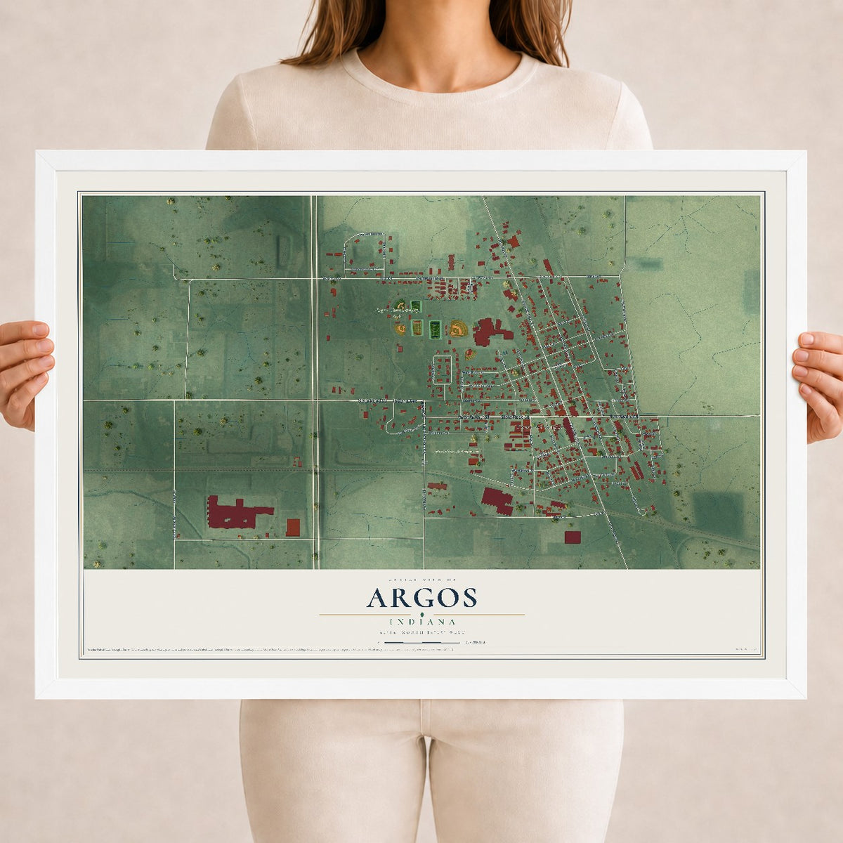 Map of Argos, Indiana, 18 x 24 inch print in a white wood frame