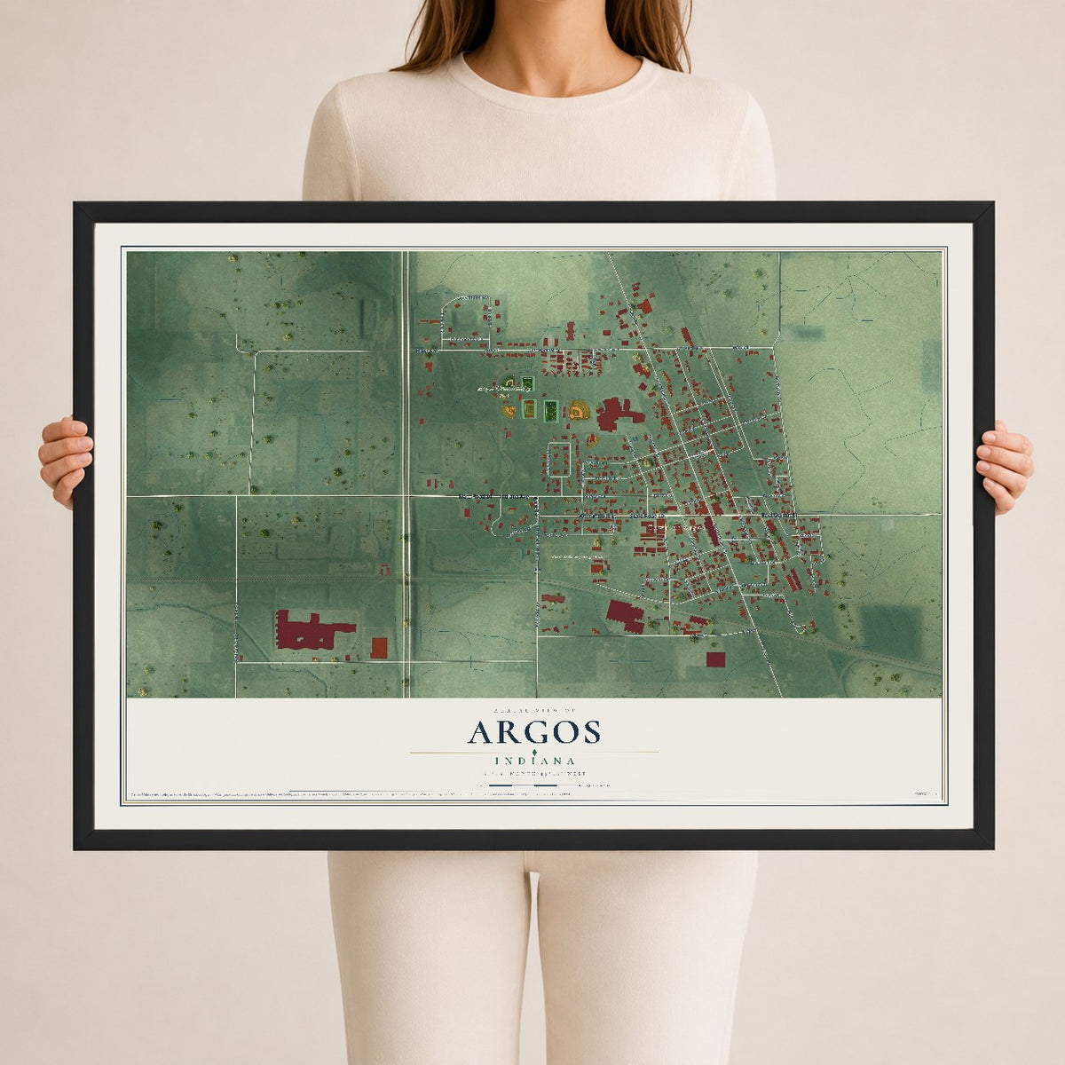 Map of Argos, Indiana, 24 x 36 inch print in a black wood frame