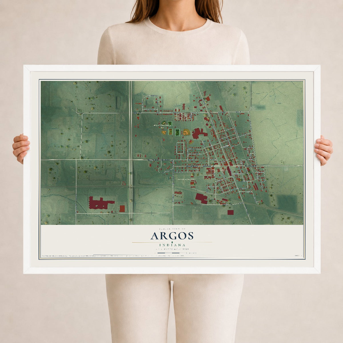 Map of Argos, Indiana, 24 x 36 inch print in a white wood frame