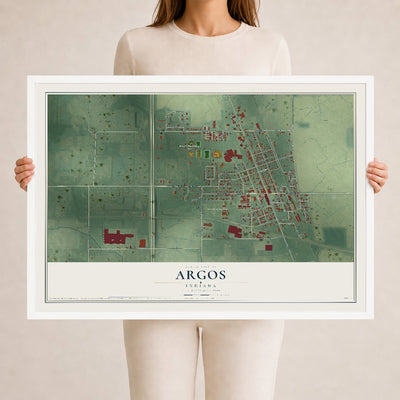 Map of Argos, Indiana, 24 x 36 inch print in a white wood frame