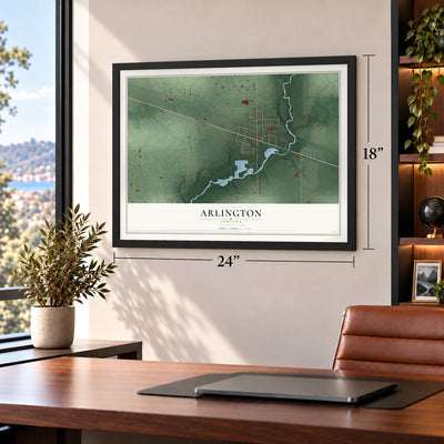 Arlington, Indiana map, 18 x 24 inch print in a black frame in a home office