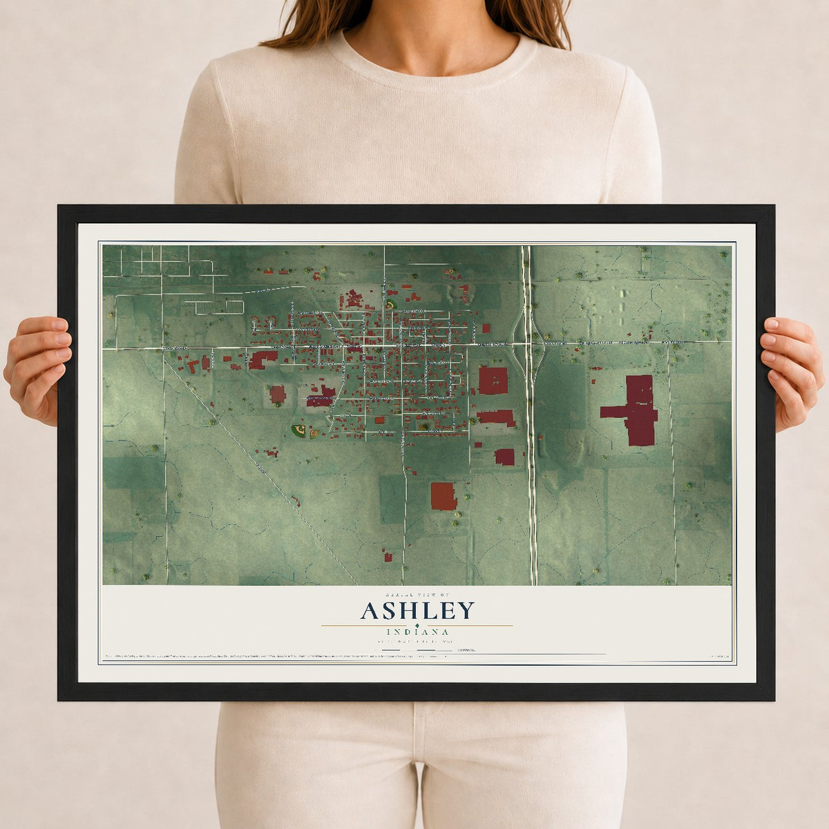 Map of Ashley, Indiana, 12 x 18 inch print in a black wood frame