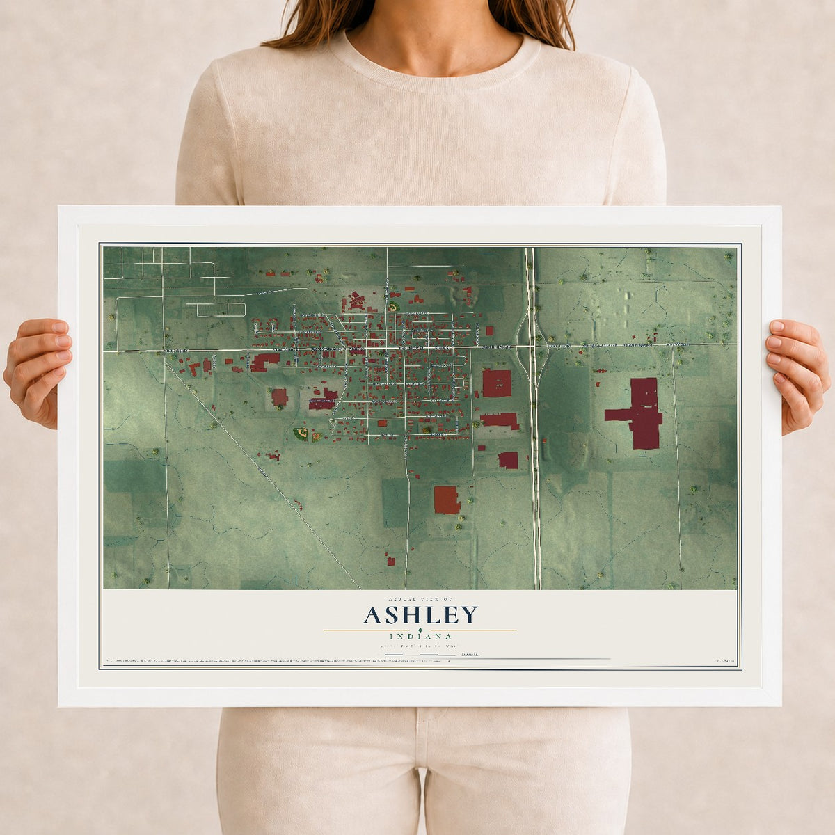 Map of Ashley, Indiana, 12 x 18 inch print in a white wood frame
