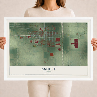 Map of Ashley, Indiana, 18 x 24 inch print in a white wood frame