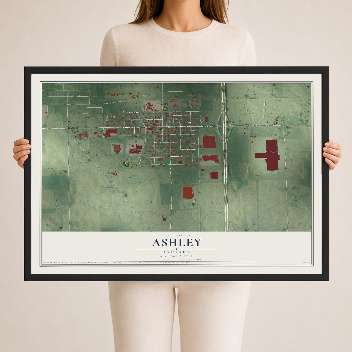 Map of Ashley, Indiana, 24 x 36 inch print in a black wood frame