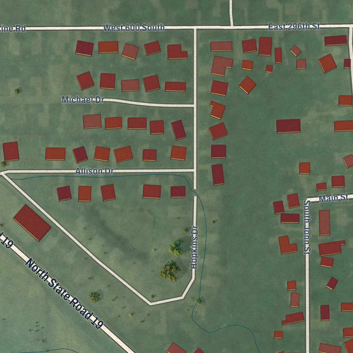 Second close-up of the map of Atlanta, Indiana print showing more streets and buildings
