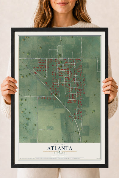 Map of Atlanta, Indiana, 18 x 24 inch print in a black wood frame