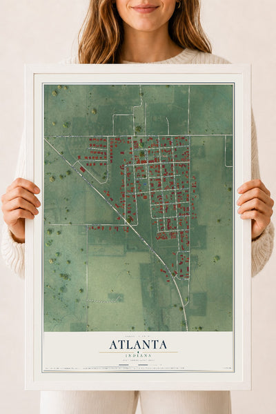 Map of Atlanta, Indiana, 18 x 24 inch print in a white wood frame