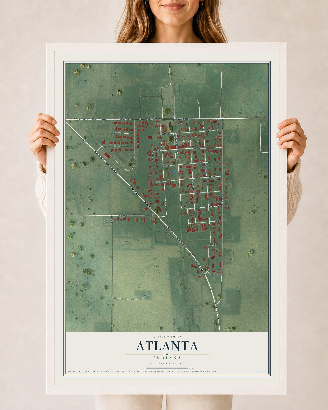 Map of Atlanta, Indiana, 24 x 36 inch print in a white wood frame