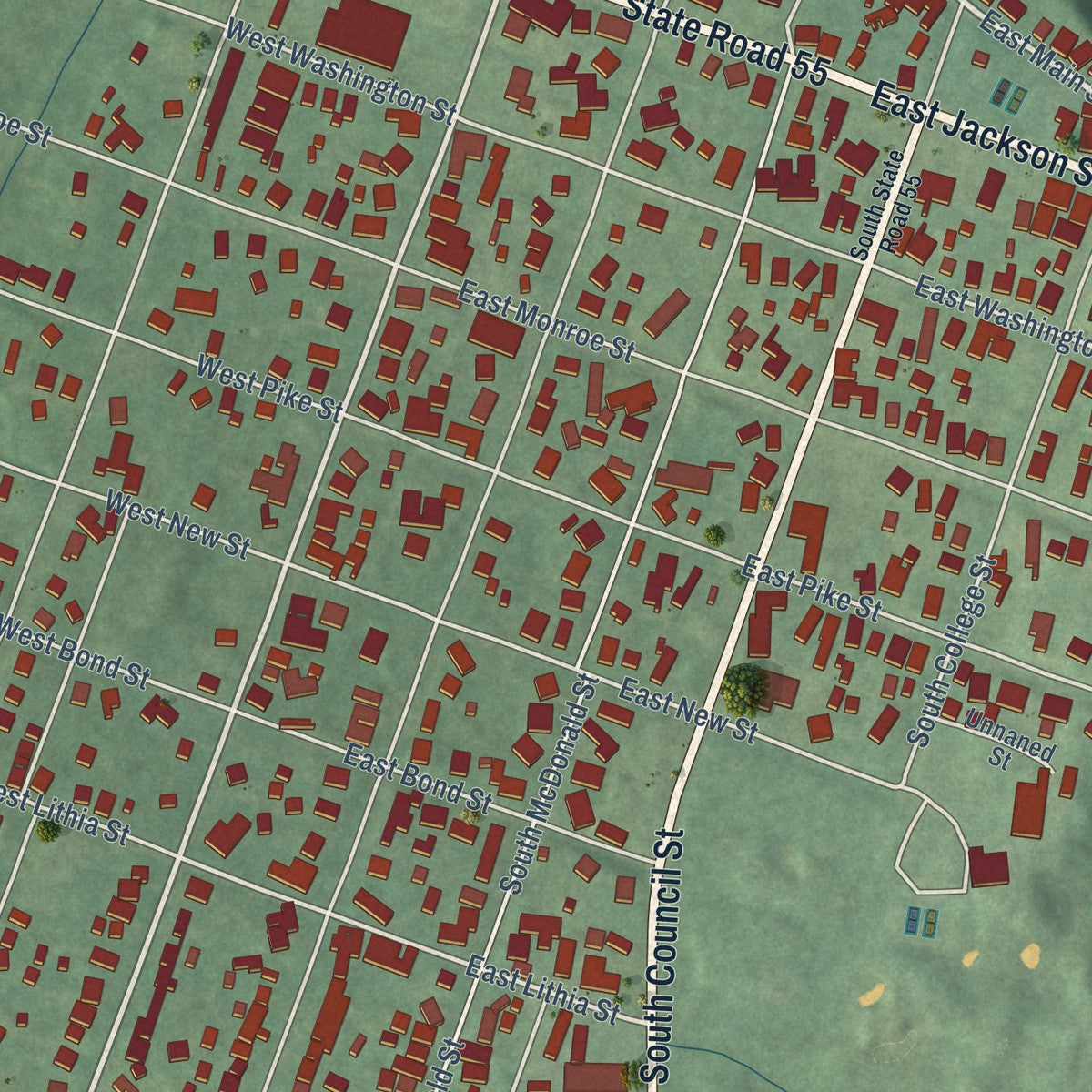 Close-up of the map of Attica, Indiana print showing street and building detail