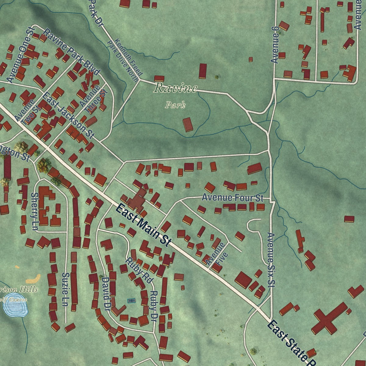 Second close-up of the map of Attica, Indiana print showing more streets and buildings