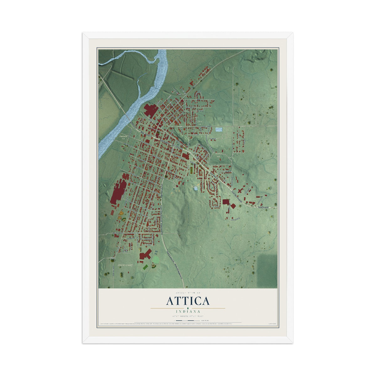 Map of Attica, Indiana, 12 x 18 inch print in a white wood frame
