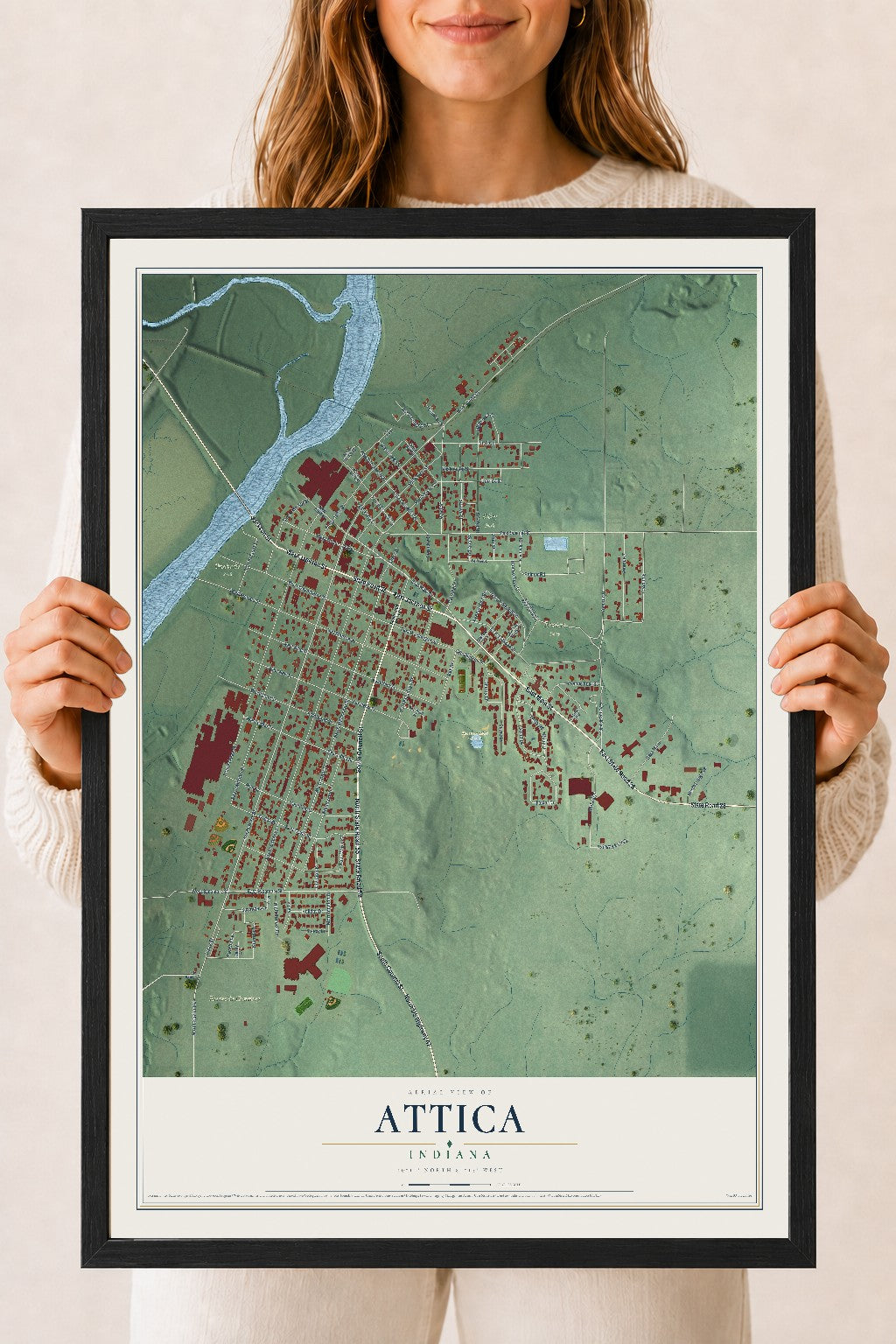 Map of Attica, Indiana, 18 x 24 inch print in a black wood frame