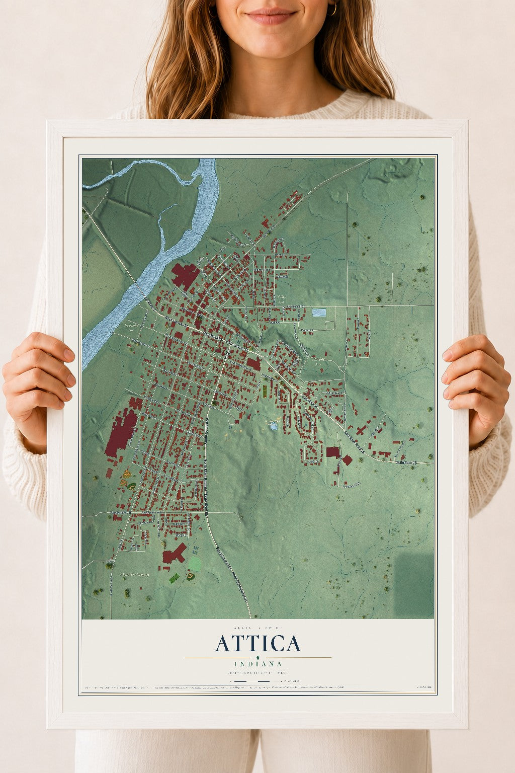 Map of Attica, Indiana, 18 x 24 inch print in a white wood frame
