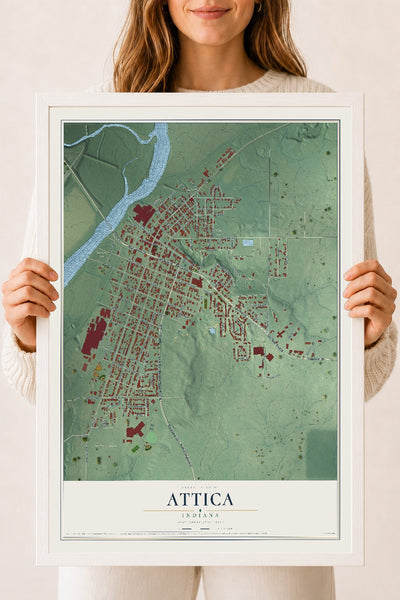 Map of Attica, Indiana, 18 x 24 inch print in a white wood frame
