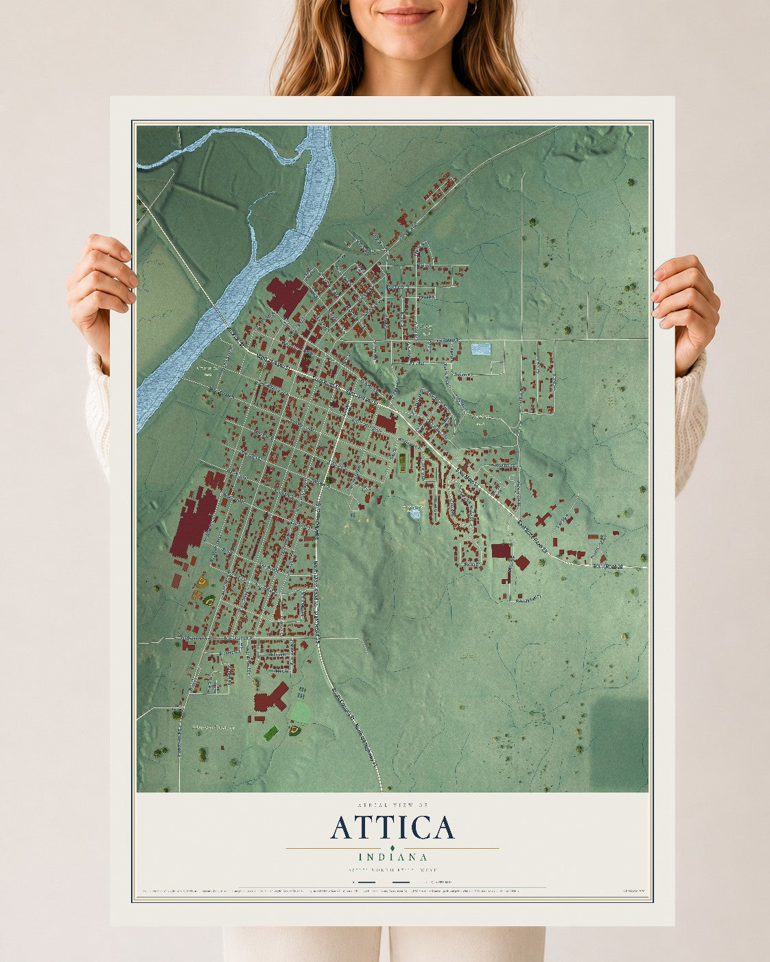 Map of Attica, Indiana, 24 x 36 inch unframed archival matte print