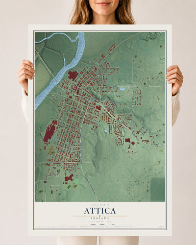 Map of Attica, Indiana, 24 x 36 inch unframed archival matte print
