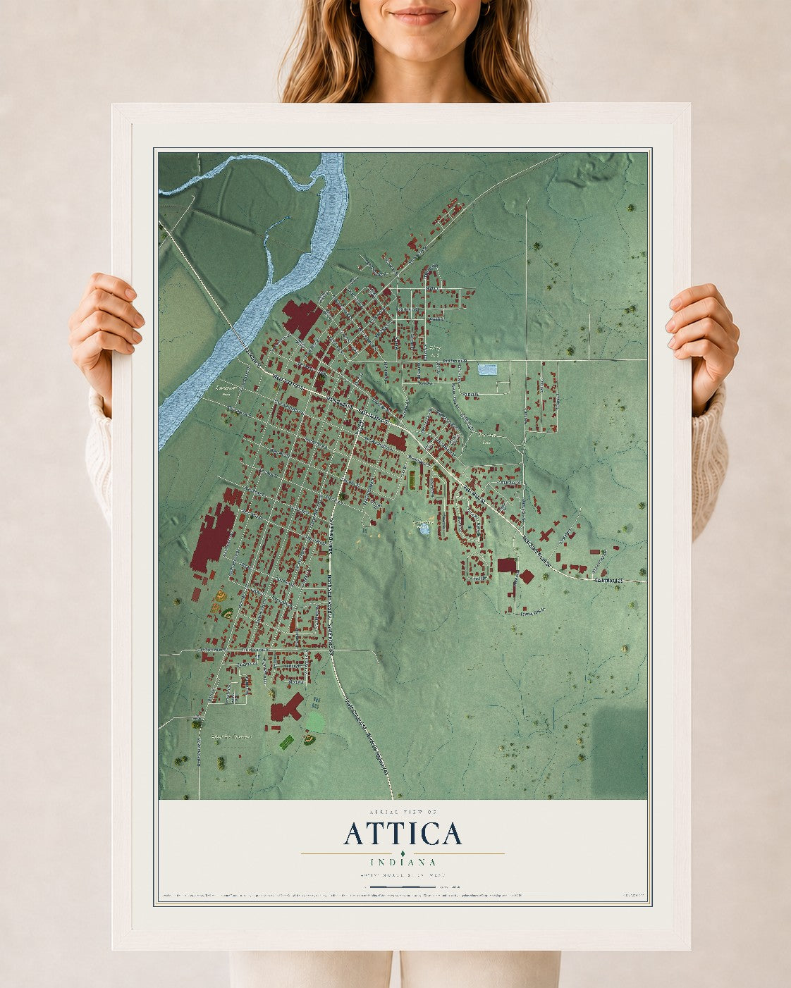 Map of Attica, Indiana, 24 x 36 inch print in a white wood frame
