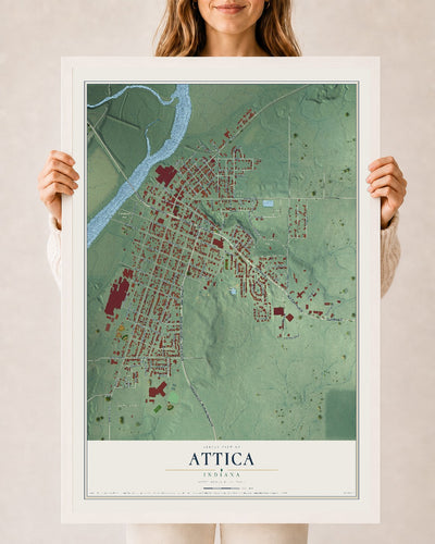 Map of Attica, Indiana, 24 x 36 inch print in a white wood frame