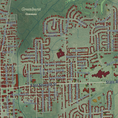 Close-up of the map of Auburn, Indiana print showing street and building detail