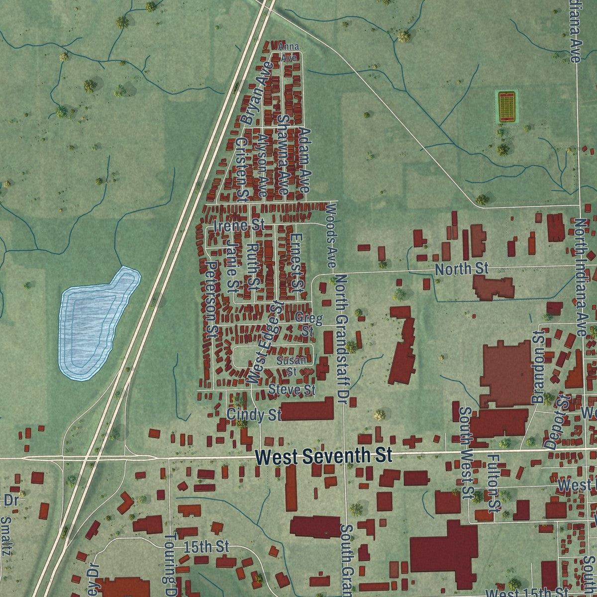 Second close-up of the map of Auburn, Indiana print showing more streets and buildings