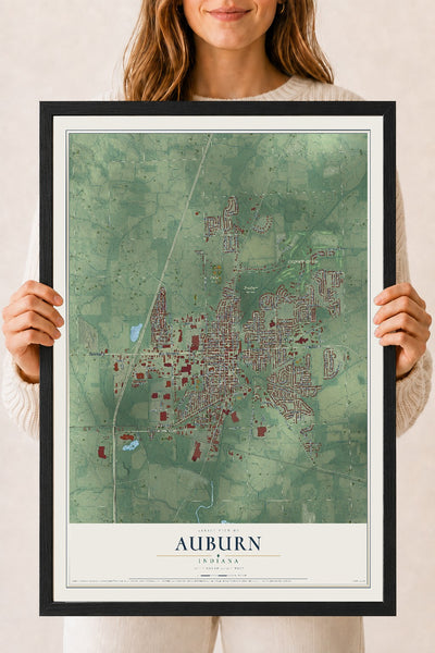 Map of Auburn, Indiana, 18 x 24 inch print in a black wood frame