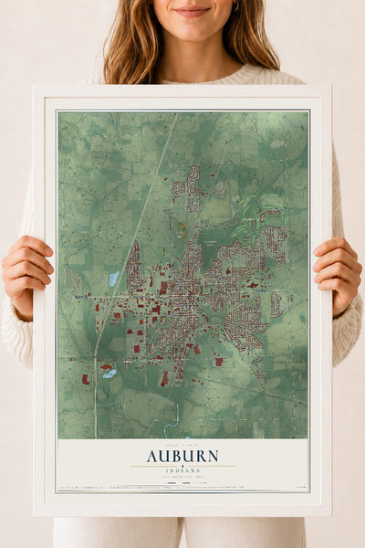 Map of Auburn, Indiana, 18 x 24 inch print in a white wood frame