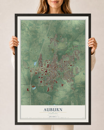 Map of Auburn, Indiana, 24 x 36 inch print in a black wood frame