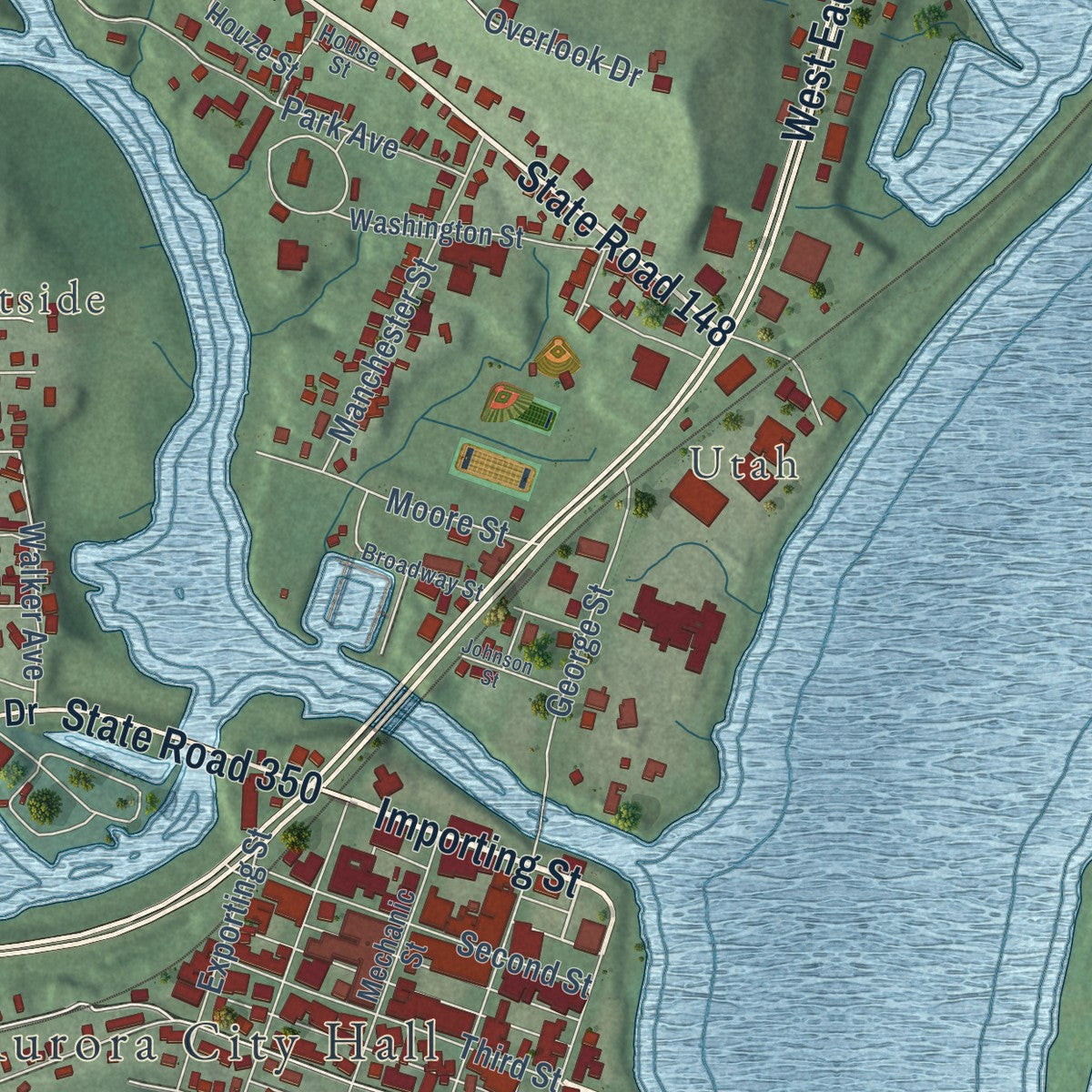 Close-up of the map of Aurora, Indiana print showing street and building detail