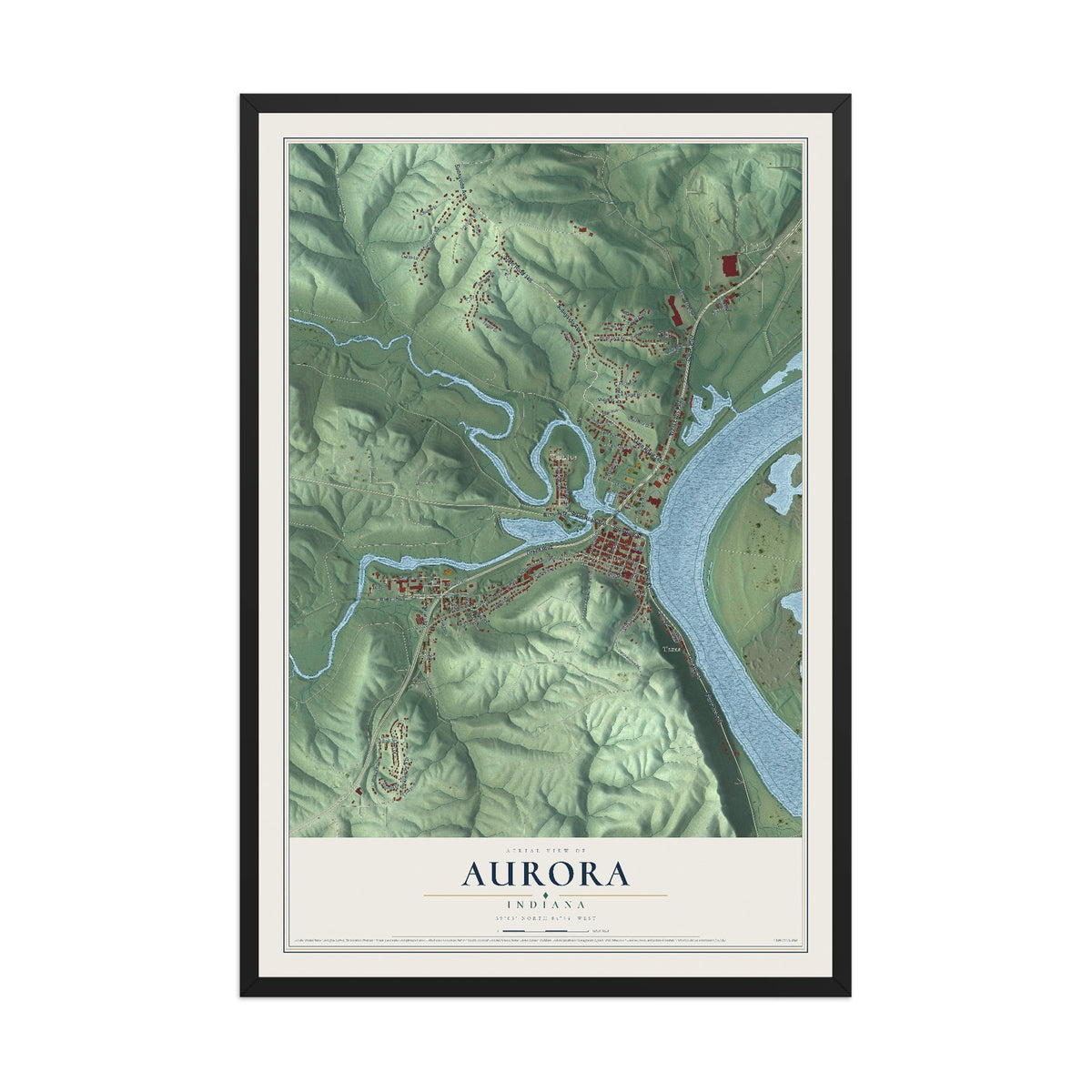 Map of Aurora, Indiana, 12 x 18 inch print in a black wood frame